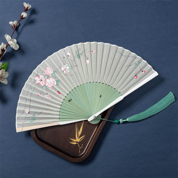 Éventail pliable en bambou avec Buddha Stones de lotus, bégonia, jasmin, 21 cm