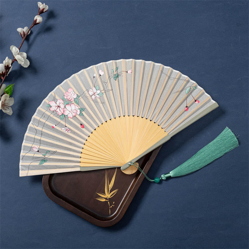 Éventail pliable en bambou avec Buddha Stones de lotus, bégonia, jasmin, 21 cm