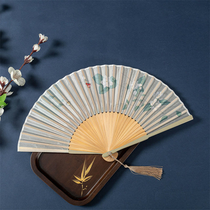 Éventail pliable en bambou avec Buddha Stones de lotus, bégonia, jasmin, 21 cm
