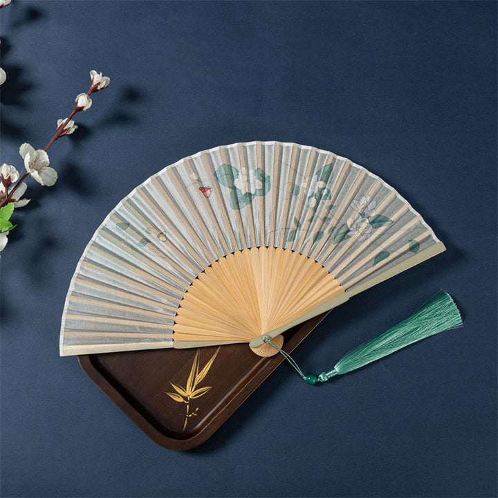 Éventail pliable en bambou avec Buddha Stones de lotus, bégonia, jasmin, 21 cm