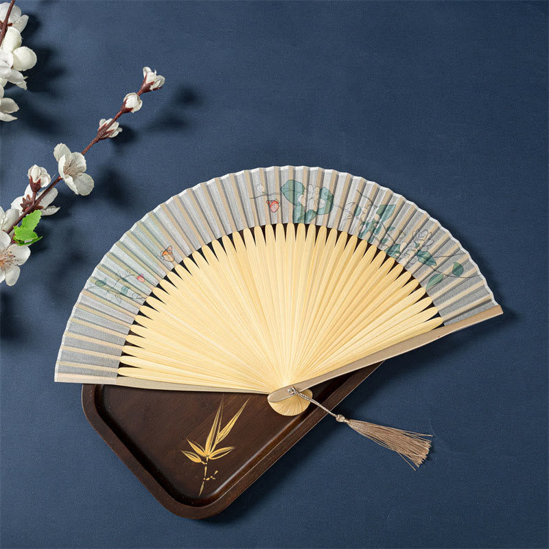 Éventail pliable en bambou avec Buddha Stones de lotus, bégonia, jasmin, 21 cm