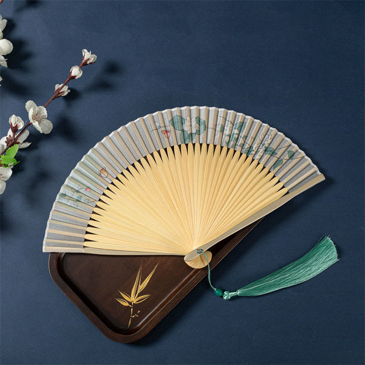 Éventail pliable en bambou avec Buddha Stones de lotus, bégonia, jasmin, 21 cm