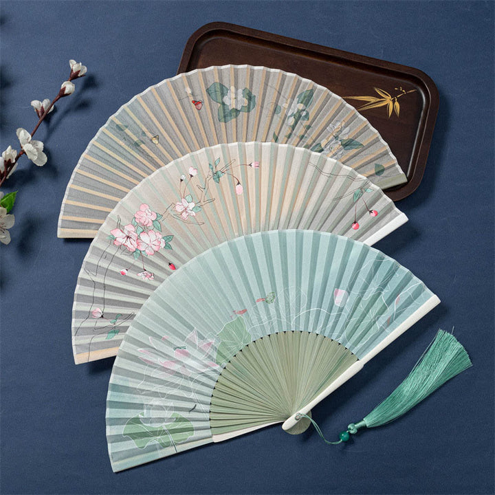 Éventail pliable en bambou avec Buddha Stones de lotus, bégonia, jasmin, 21 cm