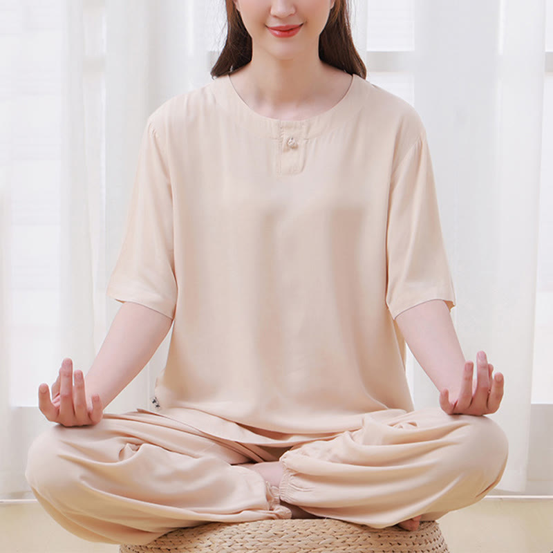 Ensemble 2 Buddha Stones t-shirt à manches courtes et pantalon de méditation Zen Tai Chi en coton et lin unisexe - Kaki (Haut et pantalon) - US14，UK/AU18，EU46 (4XL) - image 0