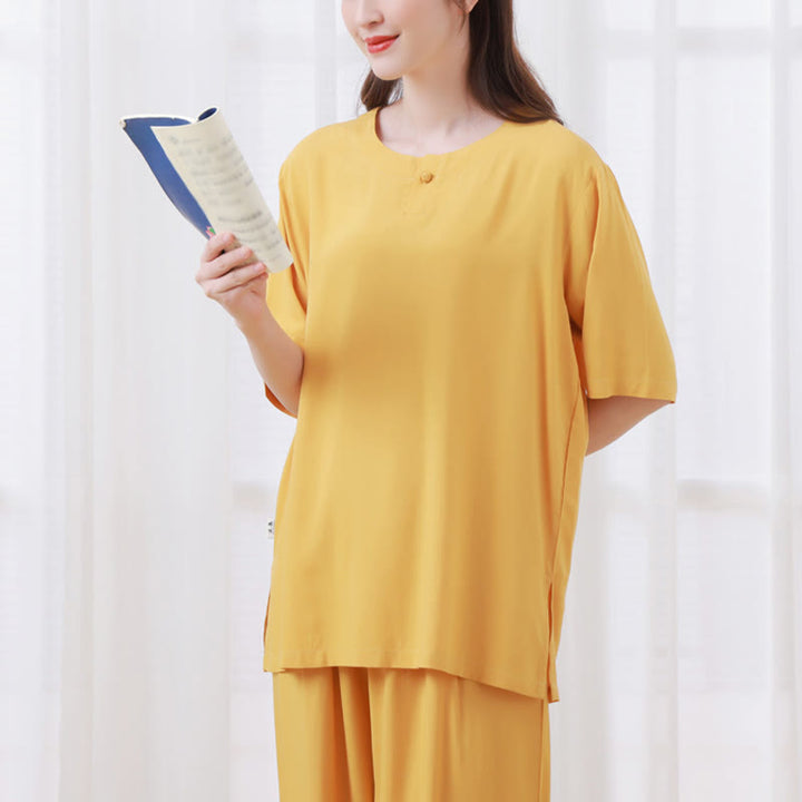 Ensemble 2 Buddha Stones t-shirt à manches courtes et pantalon de méditation Zen Tai Chi en coton et lin unisexe - image 4