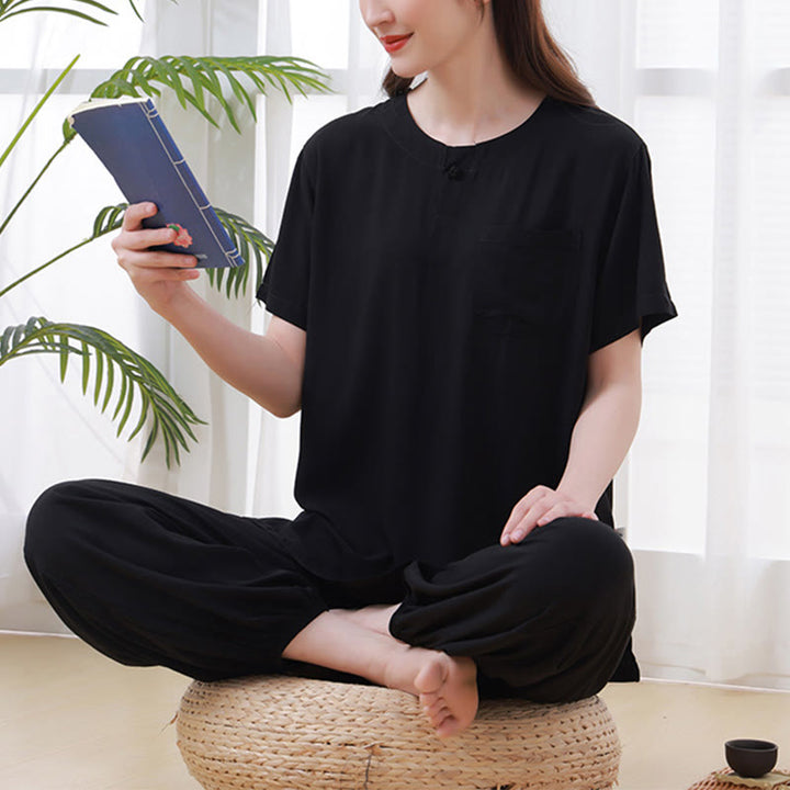 Ensemble 2 Buddha Stones t-shirt à manches courtes et pantalon de méditation Zen Tai Chi en coton et lin unisexe - image 15