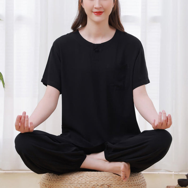 Ensemble 2 Buddha Stones t-shirt à manches courtes et pantalon de méditation Zen Tai Chi en coton et lin unisexe - Noir (Haut et pantalon) - US14，UK/AU18，EU46 (4XL) - image 14