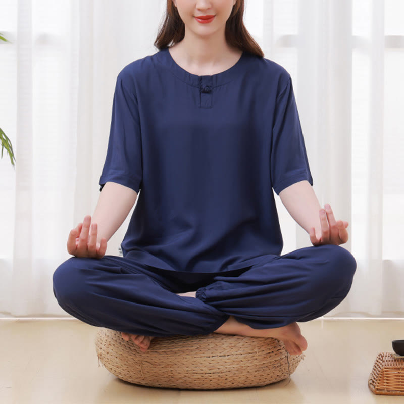 Ensemble 2 Buddha Stones t-shirt à manches courtes et pantalon de méditation Zen Tai Chi en coton et lin unisexe - Bleu marine (Haut et pantalon) - US14，UK/AU18，EU46 (4XL) - image 18