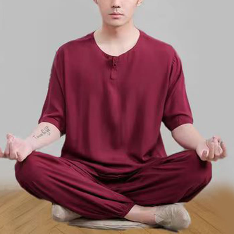 Ensemble 2 Buddha Stones t-shirt à manches courtes et pantalon de méditation Zen Tai Chi en coton et lin unisexe - Rouge foncé (Haut et pantalon) - US14，UK/AU18，EU46 (4XL) - image 21
