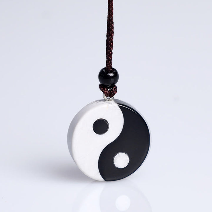 Collier pendentif en obsidienne noire naturelle et turquoise blanche Buddha Stones , force d'accomplissement du Yin et du Yang
