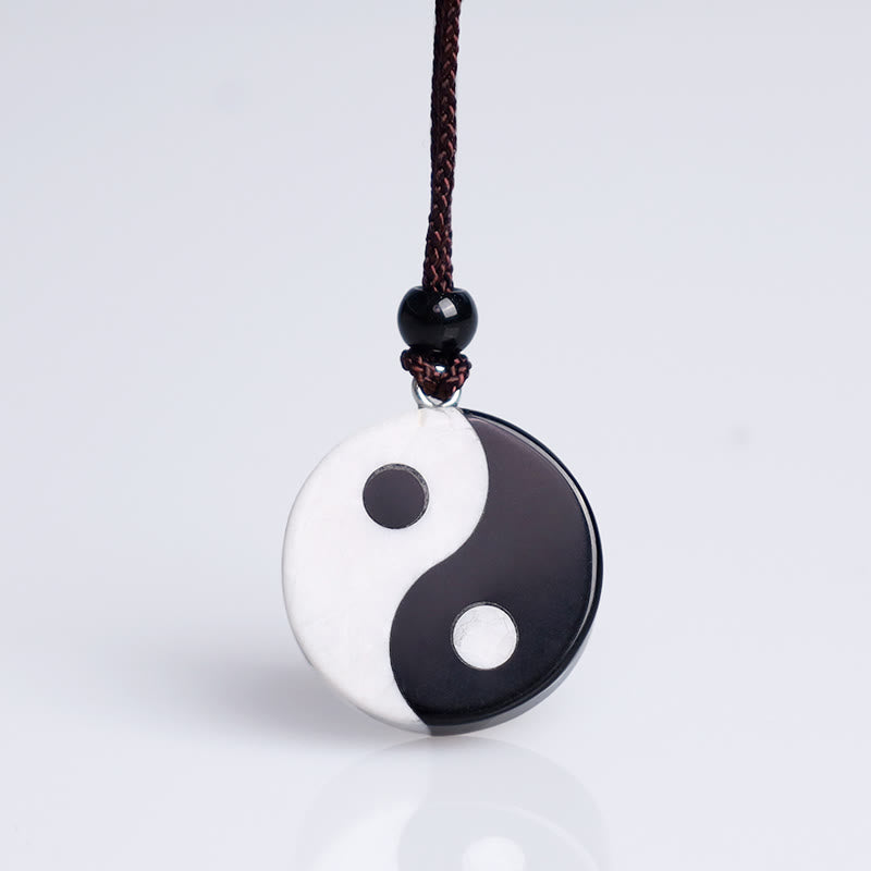 Collier pendentif en obsidienne noire naturelle et turquoise blanche Buddha Stones , force d'accomplissement du Yin et du Yang
