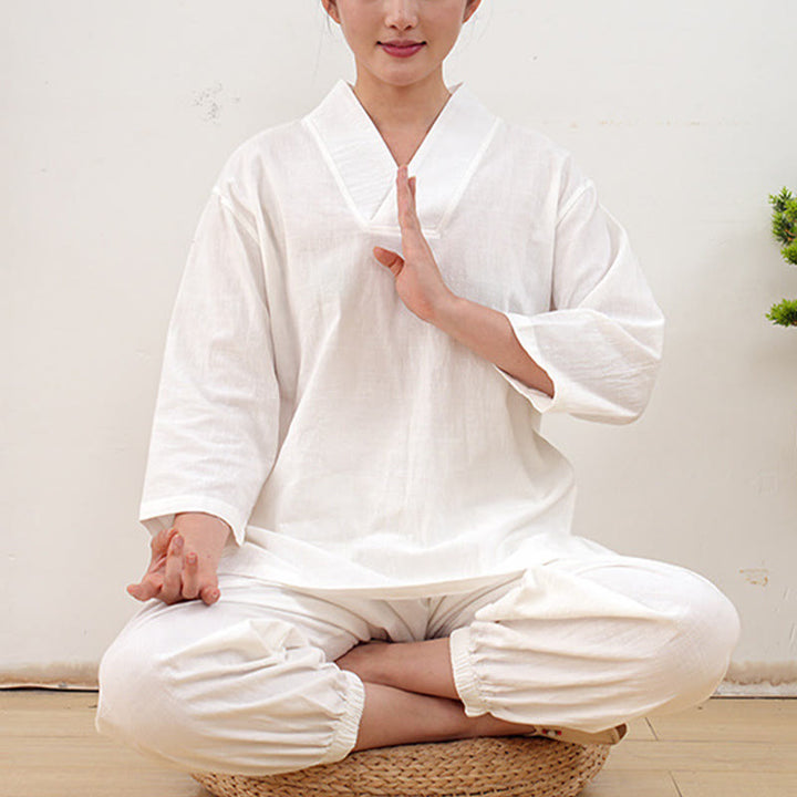 Ensemble 2 pièces en coton et lin pour femme, Buddha Stones en V, manches trois-quarts, pantalon, méditation, zen, tai-chi - Blanc (haut et pantalon) - US12，UK/AU16，EU44 (XL) - image 20