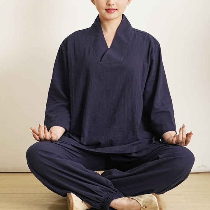 Ensemble 2 pièces en coton et lin pour femme, Buddha Stones en V, manches trois-quarts, pantalon, méditation, zen, tai-chi - Bleu marine (Haut et pantalon) - US12，UK/AU16，EU44 (XL) - image 7