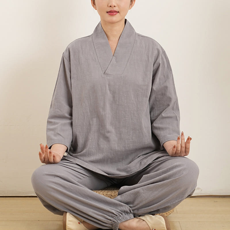 Ensemble 2 pièces en coton et lin pour femme, Buddha Stones en V, manches trois-quarts, pantalon, méditation, zen, tai-chi - Gris (haut et pantalon) - US12，UK/AU16，EU44 (XL) - image 0