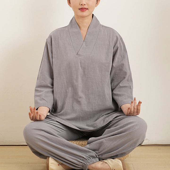 Ensemble 2 pièces en coton et lin pour femme, Buddha Stones en V, manches trois-quarts, pantalon, méditation, zen, tai-chi - Gris (haut et pantalon) - US12，UK/AU16，EU44 (XL) - image 0