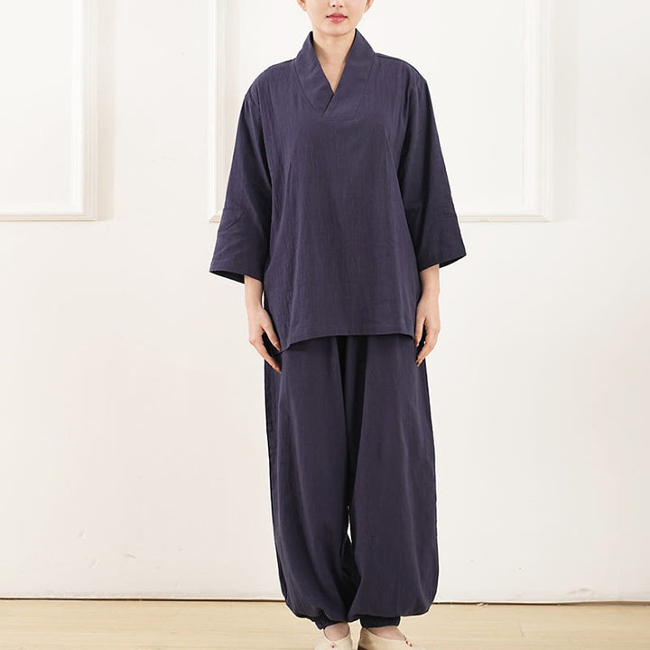 Ensemble 2 pièces Buddha Stones : haut à manches trois-quarts et col en V, pantalon, vêtements de méditation zen tai-chi pour femme - image 9