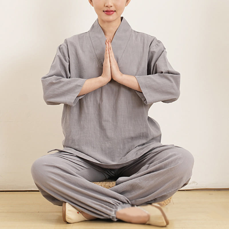 Ensemble 2 pièces en coton et lin pour femme, Buddha Stones en V, manches trois-quarts, pantalon, méditation, zen, tai-chi - image 6