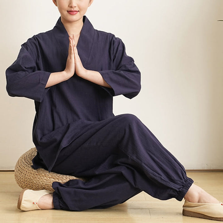 Ensemble 2 pièces en coton et lin pour femme, Buddha Stones en V, manches trois-quarts, pantalon, méditation, zen, tai-chi - image 12
