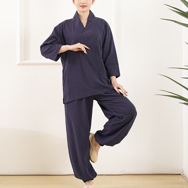 Ensemble 2 pièces en coton et lin pour femme, Buddha Stones en V, manches trois-quarts, pantalon, méditation, zen, tai-chi - image 11