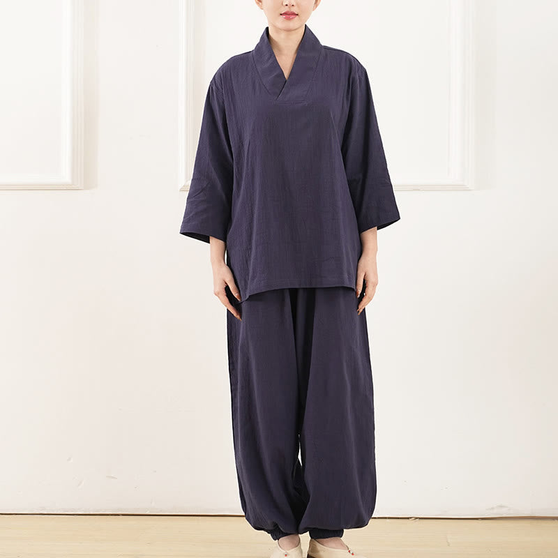 Ensemble 2 pièces en coton et lin pour femme, Buddha Stones en V, manches trois-quarts, pantalon, méditation, zen, tai-chi - image 9
