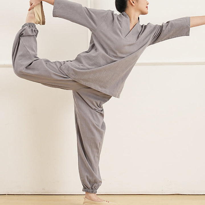 Ensemble 2 pièces en coton et lin pour femme, Buddha Stones en V, manches trois-quarts, pantalon, méditation, zen, tai-chi - image 2