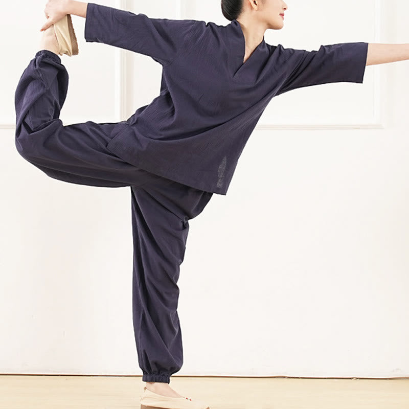 Ensemble 2 pièces en coton et lin pour femme, Buddha Stones en V, manches trois-quarts, pantalon, méditation, zen, tai-chi - image 13