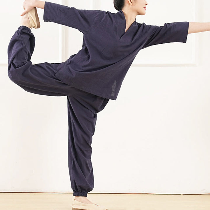 Ensemble 2 pièces en coton et lin pour femme, Buddha Stones en V, manches trois-quarts, pantalon, méditation, zen, tai-chi - image 13