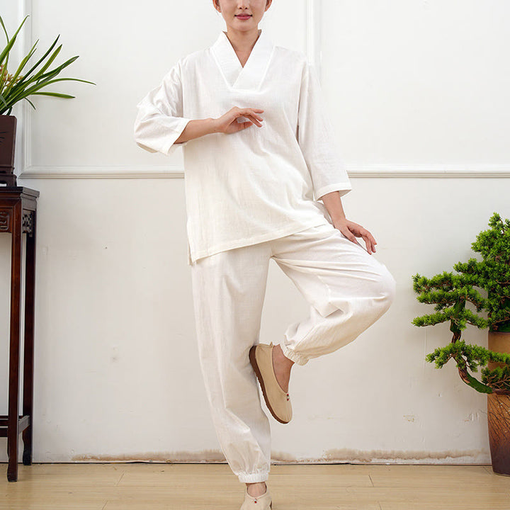 Ensemble 2 pièces Buddha Stones : haut à manches trois-quarts et col en V, pantalon, vêtements de méditation zen tai-chi pour femme - image 22