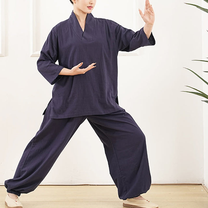 Ensemble 2 pièces Buddha Stones : haut à manches trois-quarts et col en V, pantalon, vêtements de méditation zen tai-chi pour femme - image 8