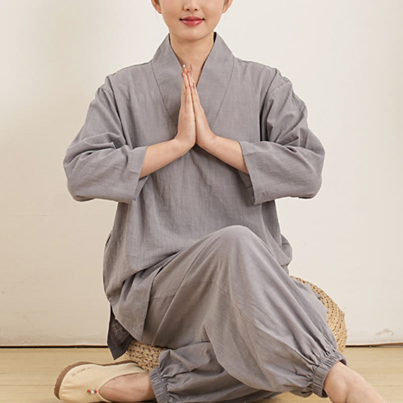 Ensemble 2 pièces en coton et lin pour femme, Buddha Stones en V, manches trois-quarts, pantalon, méditation, zen, tai-chi - image 1