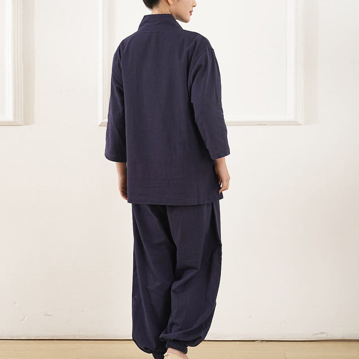 Ensemble 2 pièces en coton et lin pour femme, Buddha Stones en V, manches trois-quarts, pantalon, méditation, zen, tai-chi - image 10