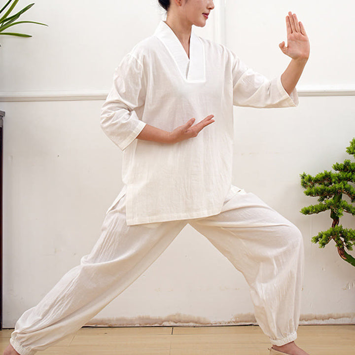Ensemble 2 pièces en coton et lin pour femme, Buddha Stones en V, manches trois-quarts, pantalon, méditation, zen, tai-chi - image 21