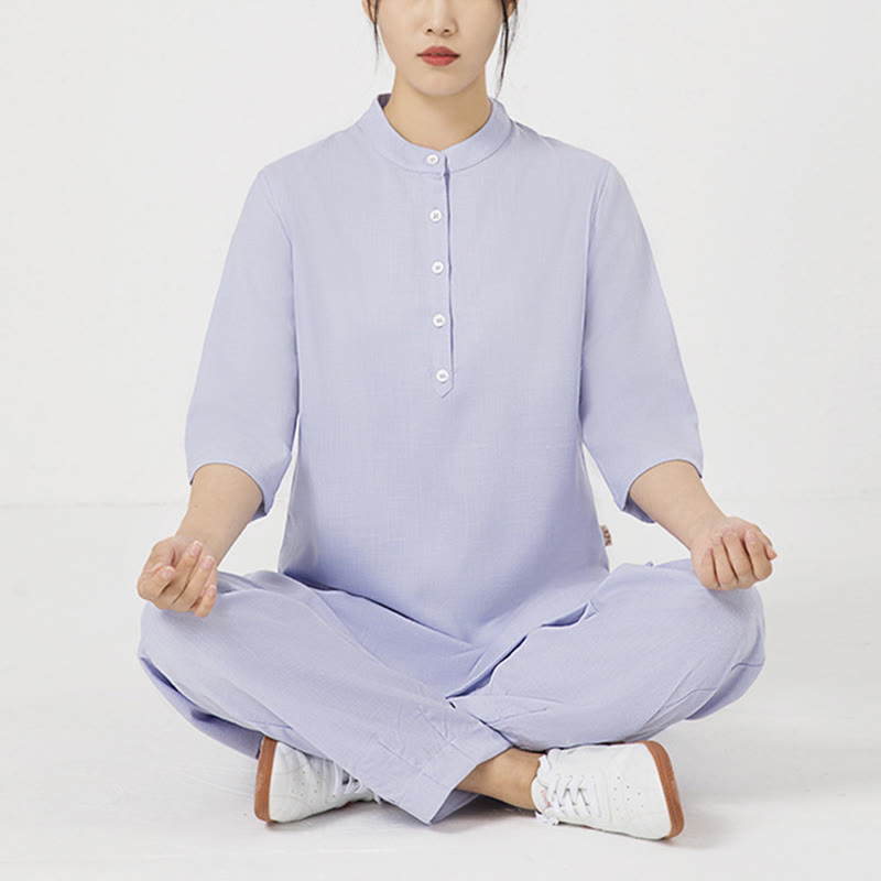 Ensemble de 2 pièces en Buddha Stones et lin pour femme avec boutons et manches trois-quarts et pantalon de méditation Zen Tai Chi