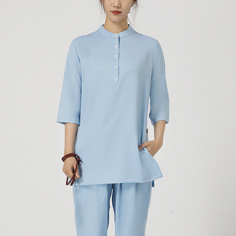 Ensemble de 2 pièces en Buddha Stones et lin pour femme avec boutons et manches trois-quarts et pantalon de méditation Zen Tai Chi