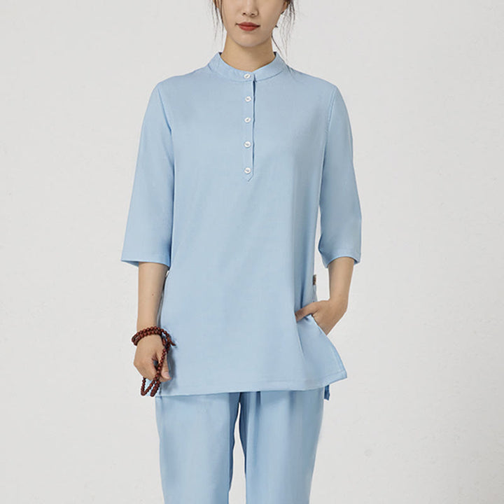 Ensemble de 2 pièces en Buddha Stones et lin pour femme avec boutons et manches trois-quarts et pantalon de méditation Zen Tai Chi