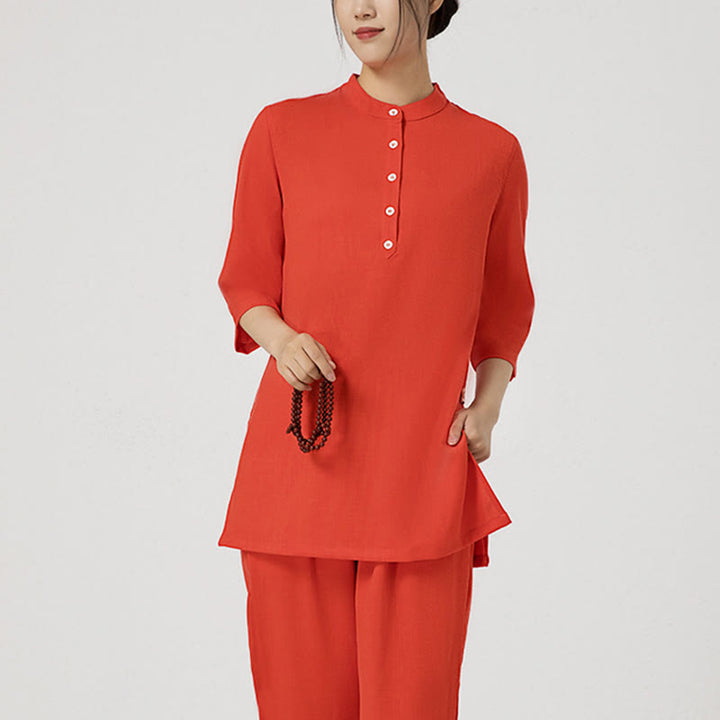 Ensemble de 2 pièces en Buddha Stones et lin pour femme avec boutons et manches trois-quarts et pantalon de méditation Zen Tai Chi