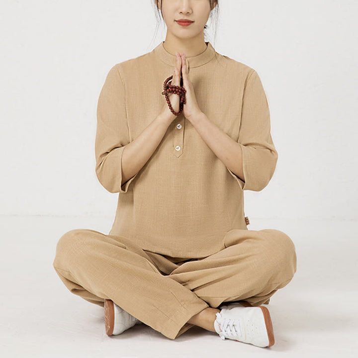 Ensemble de 2 pièces en Buddha Stones et lin pour femme avec boutons et manches trois-quarts et pantalon de méditation Zen Tai Chi