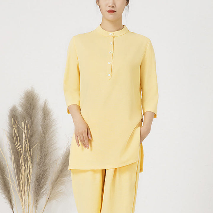 Ensemble de 2 pièces en Buddha Stones et lin pour femme avec boutons et manches trois-quarts et pantalon de méditation Zen Tai Chi