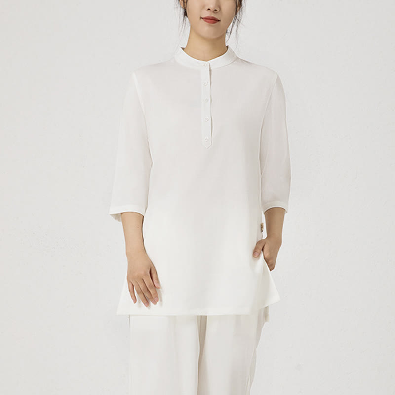 Ensemble de 2 pièces en Buddha Stones et lin pour femme avec boutons et manches trois-quarts et pantalon de méditation Zen Tai Chi
