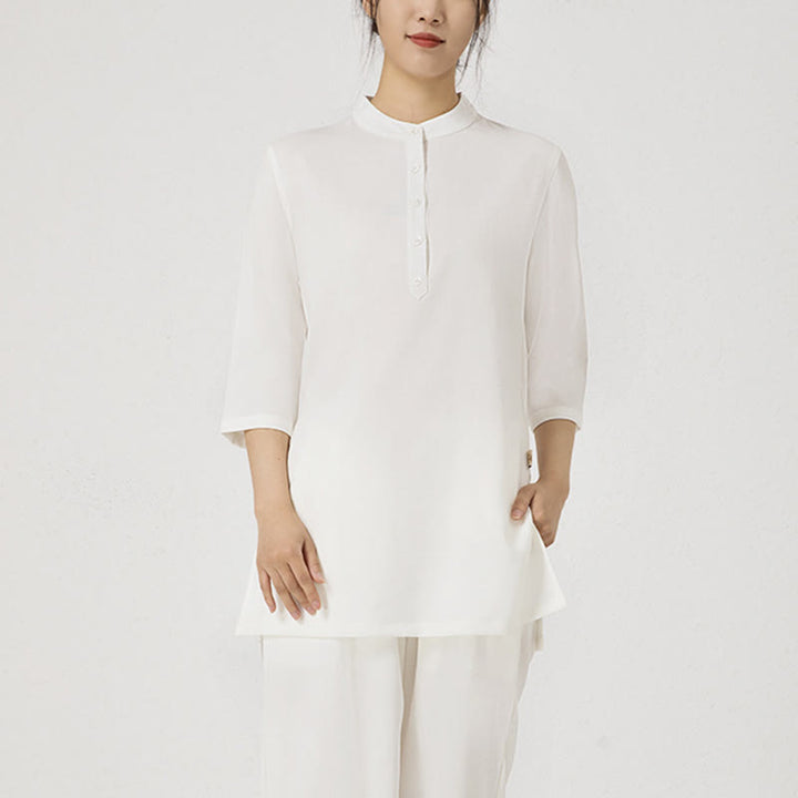 Ensemble de 2 pièces en Buddha Stones et lin pour femme avec boutons et manches trois-quarts et pantalon de méditation Zen Tai Chi