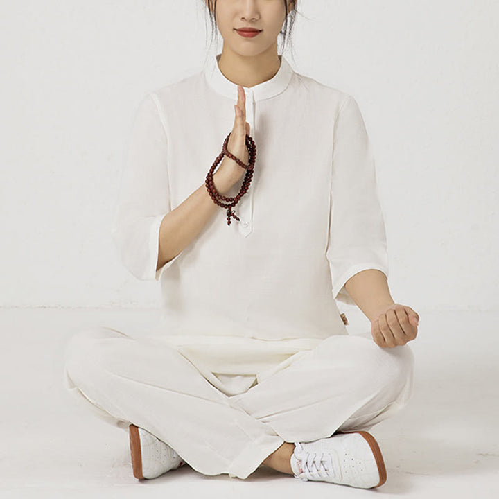 Ensemble de 2 pièces en Buddha Stones et lin pour femme avec boutons et manches trois-quarts et pantalon de méditation Zen Tai Chi