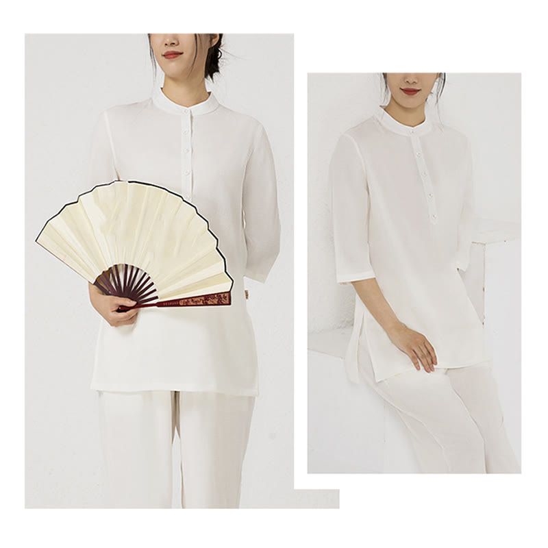 Ensemble de 2 pièces en Buddha Stones et lin pour femme avec boutons et manches trois-quarts et pantalon de méditation Zen Tai Chi