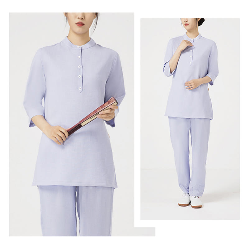 Ensemble de 2 pièces en Buddha Stones et lin pour femme avec boutons et manches trois-quarts et pantalon de méditation Zen Tai Chi