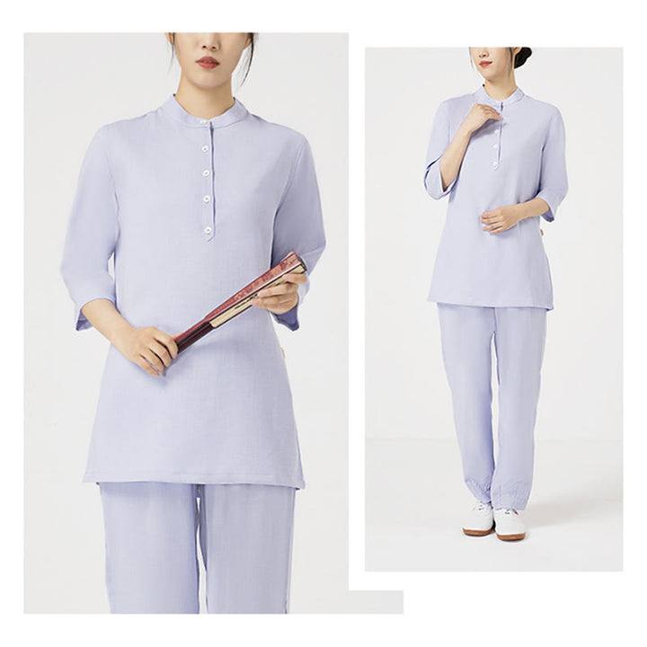 Ensemble de 2 pièces en Buddha Stones et lin pour femme avec boutons et manches trois-quarts et pantalon de méditation Zen Tai Chi