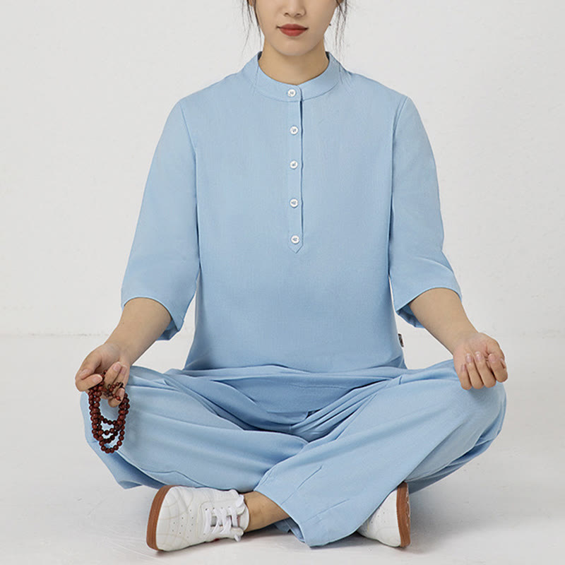 Ensemble de 2 pièces en Buddha Stones et lin pour femme avec boutons et manches trois-quarts et pantalon de méditation Zen Tai Chi