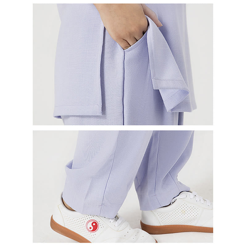 Ensemble de 2 pièces en Buddha Stones et lin pour femme avec boutons et manches trois-quarts et pantalon de méditation Zen Tai Chi
