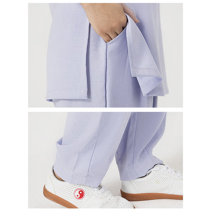 Ensemble de 2 pièces en Buddha Stones et lin pour femme avec boutons et manches trois-quarts et pantalon de méditation Zen Tai Chi