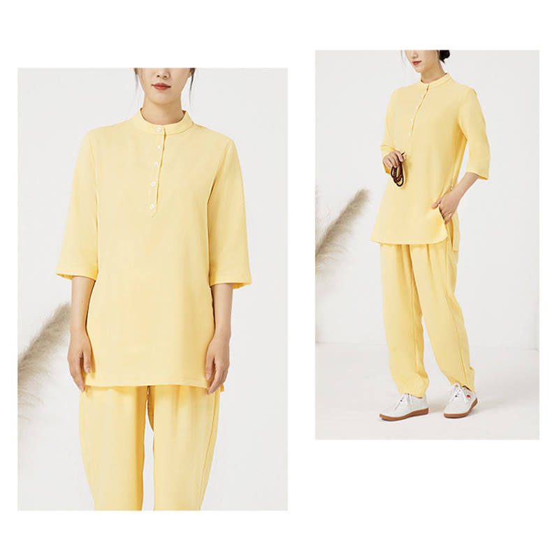 Ensemble de 2 pièces en Buddha Stones et lin pour femme avec boutons et manches trois-quarts et pantalon de méditation Zen Tai Chi