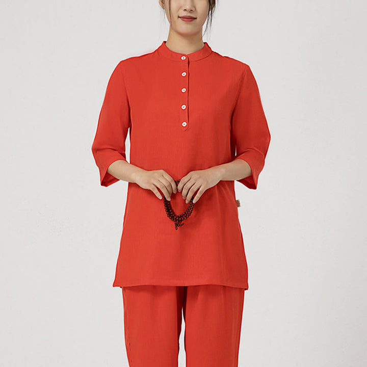 Ensemble de 2 pièces en Buddha Stones et lin pour femme avec boutons et manches trois-quarts et pantalon de méditation Zen Tai Chi