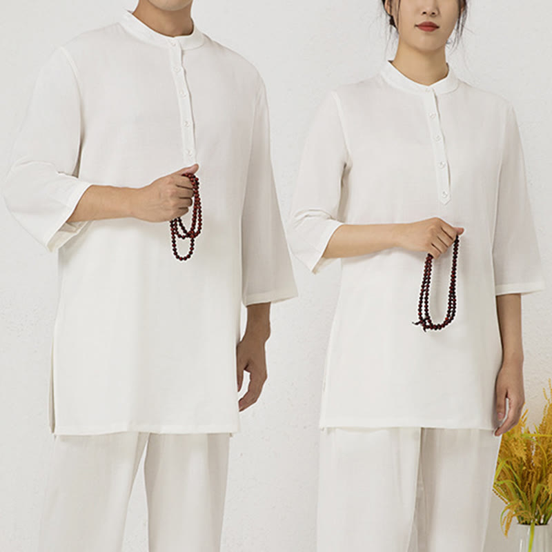 Ensemble de 2 pièces en Buddha Stones et lin pour femme avec boutons et manches trois-quarts et pantalon de méditation Zen Tai Chi